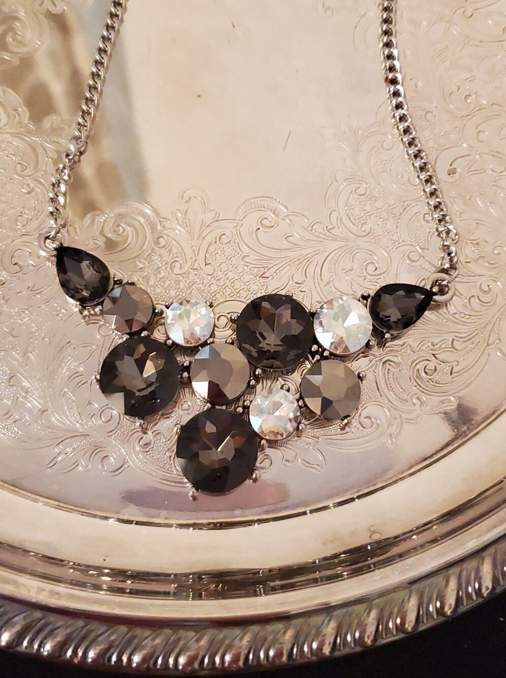 New Smokey Grey & AB Crystal Geometric Cluster Statement Necklace 18 In